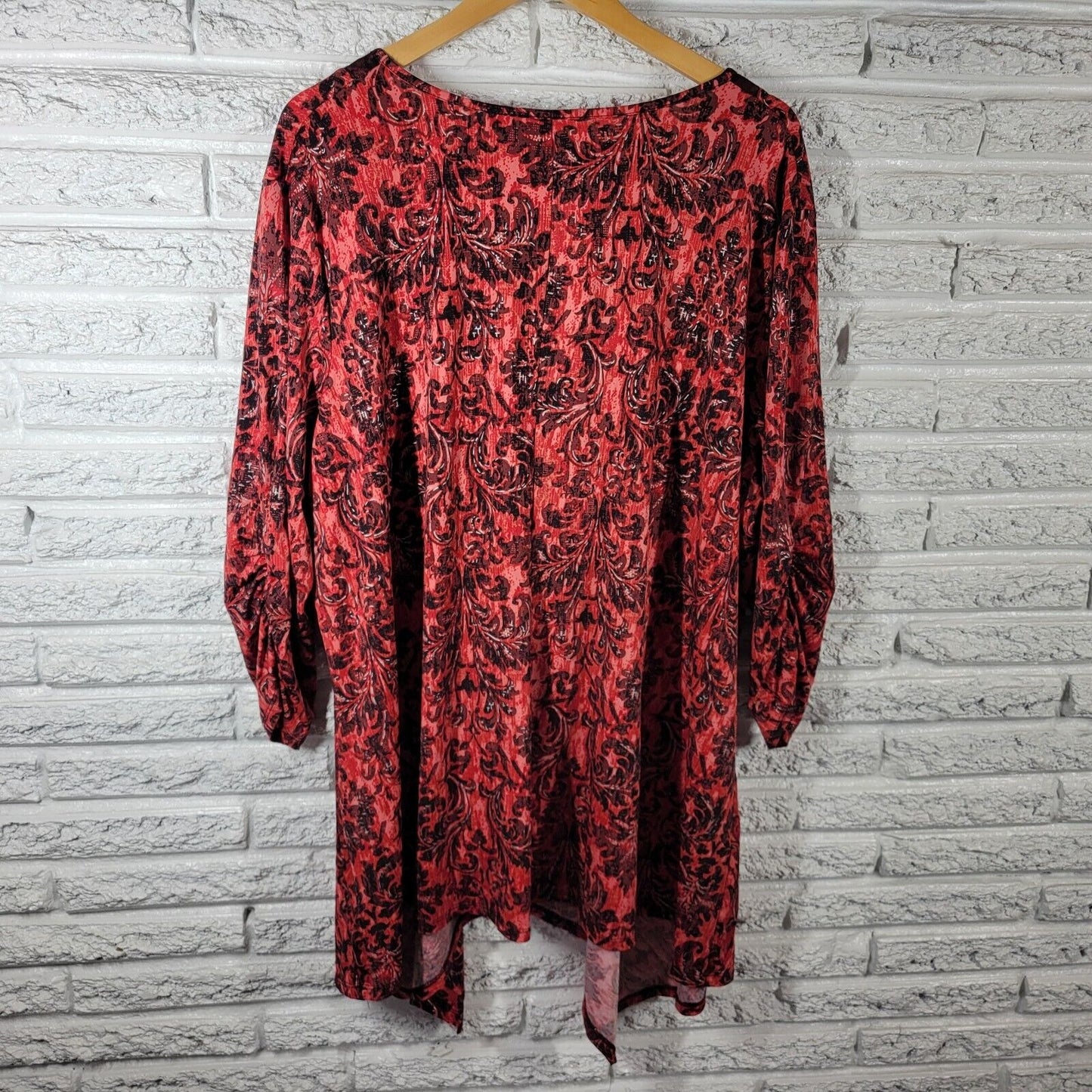 Avenue Womens Top 30 32 Tunic Ruched Sleeve Red Damask Asymmetric Beads Sequin