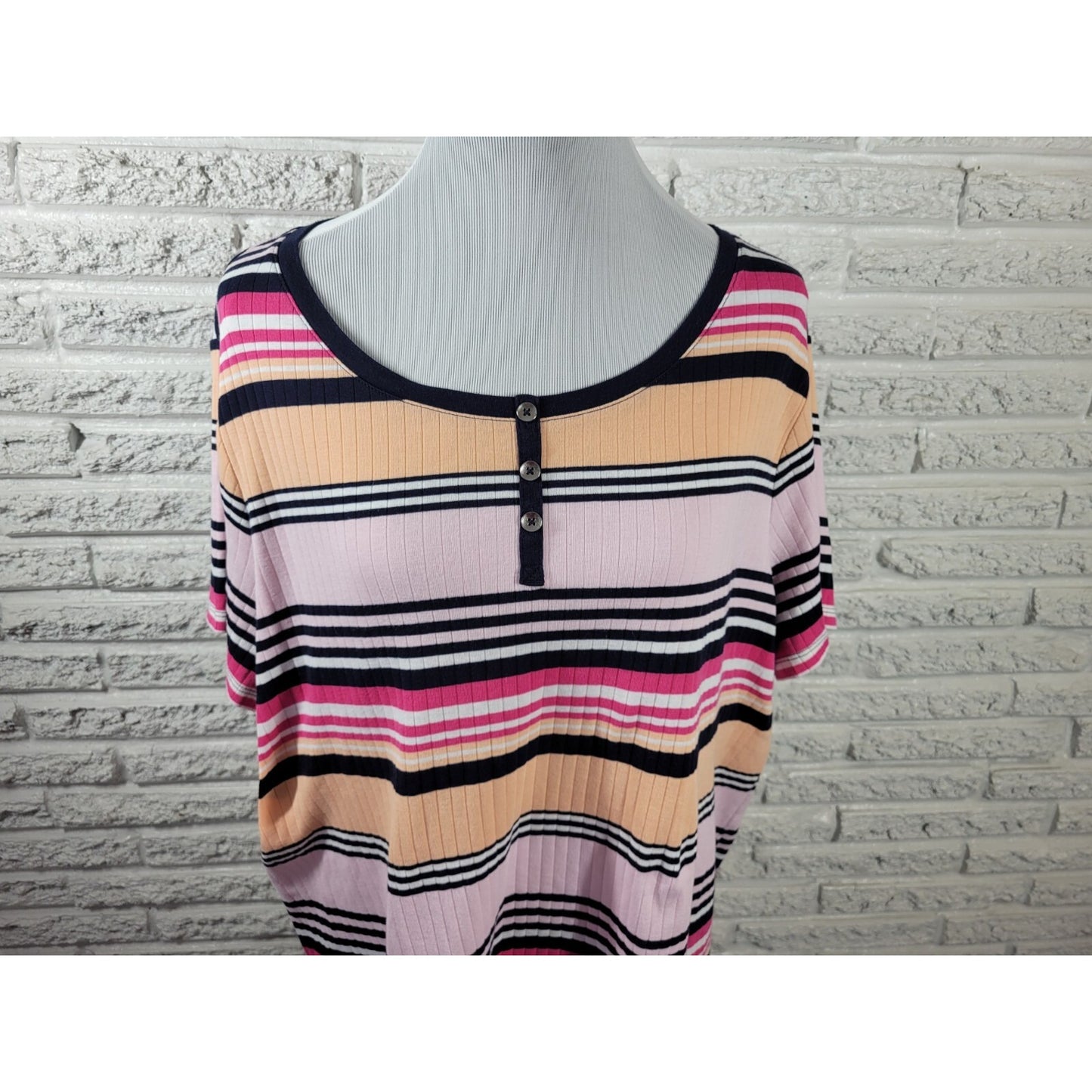 Croft Barrow Womens Top 2X Plus Tee Short Sleeve Pink Stripe Knit Cotton Blend