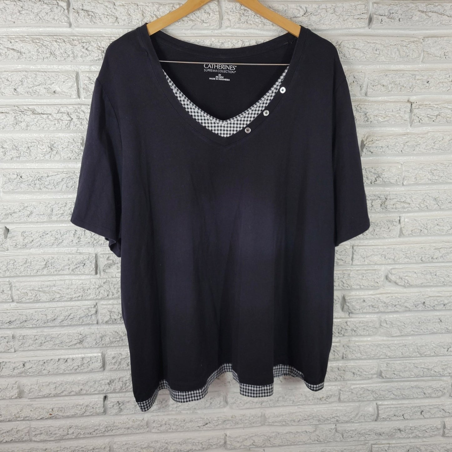 Catherines Suprema Womens Top 3X Plus Tunic Short Sleeves Black Deco Buttons