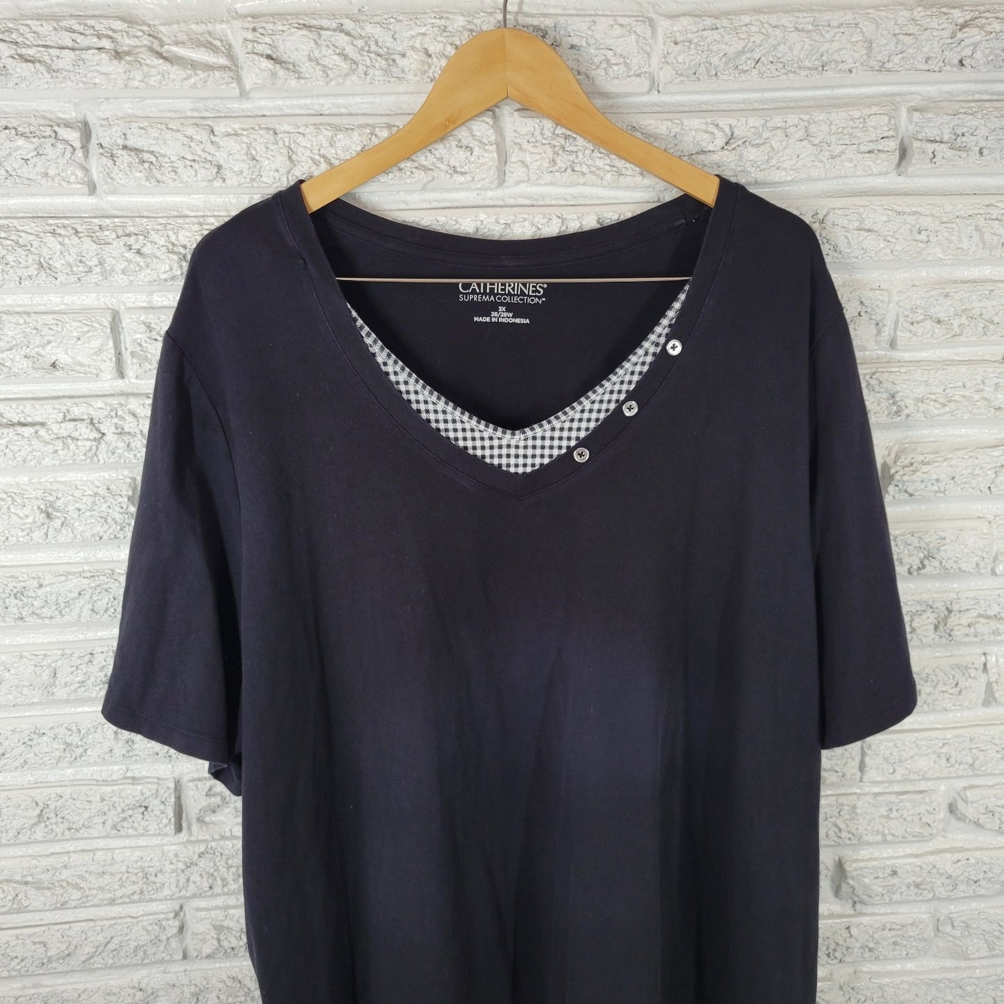 Catherines Suprema Womens Top 3X Plus Tunic Short Sleeves Black Deco Buttons