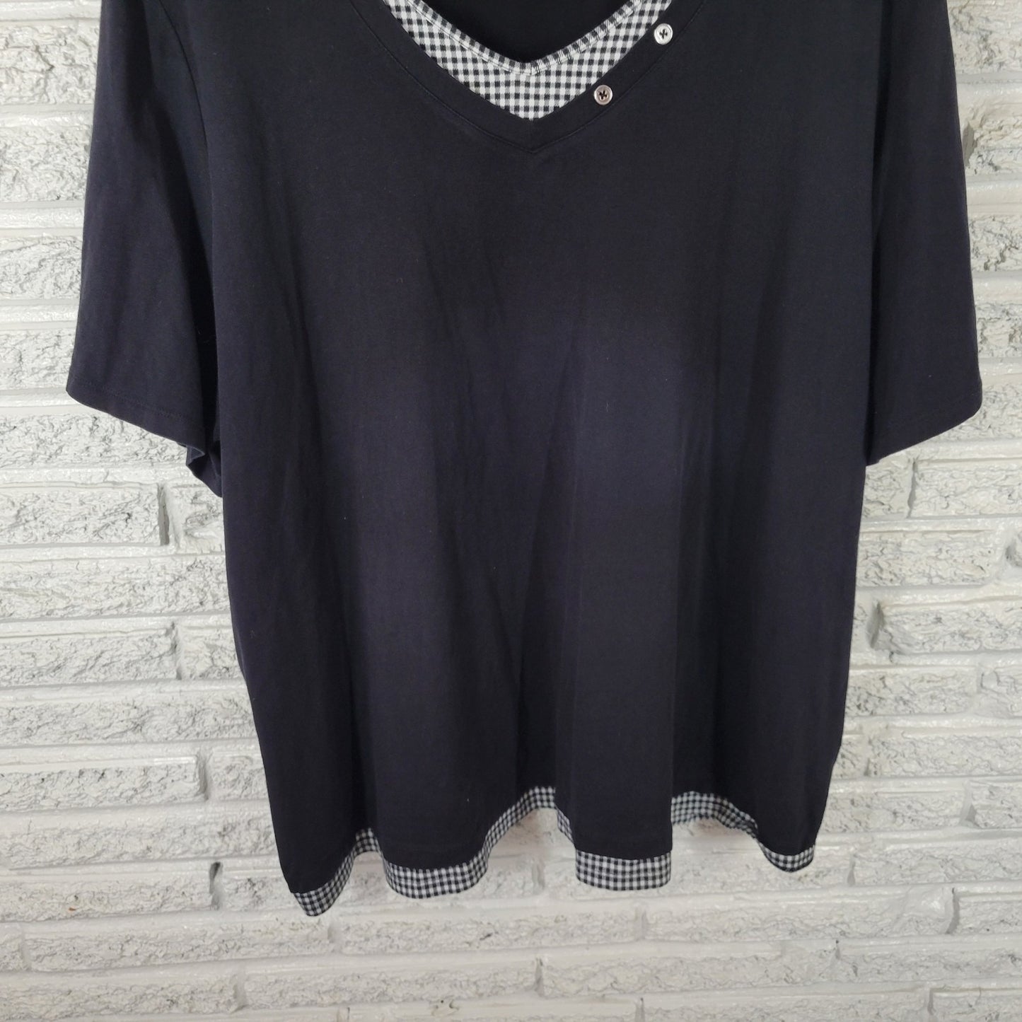 Catherines Suprema Womens Top 3X Plus Tunic Short Sleeves Black Deco Buttons