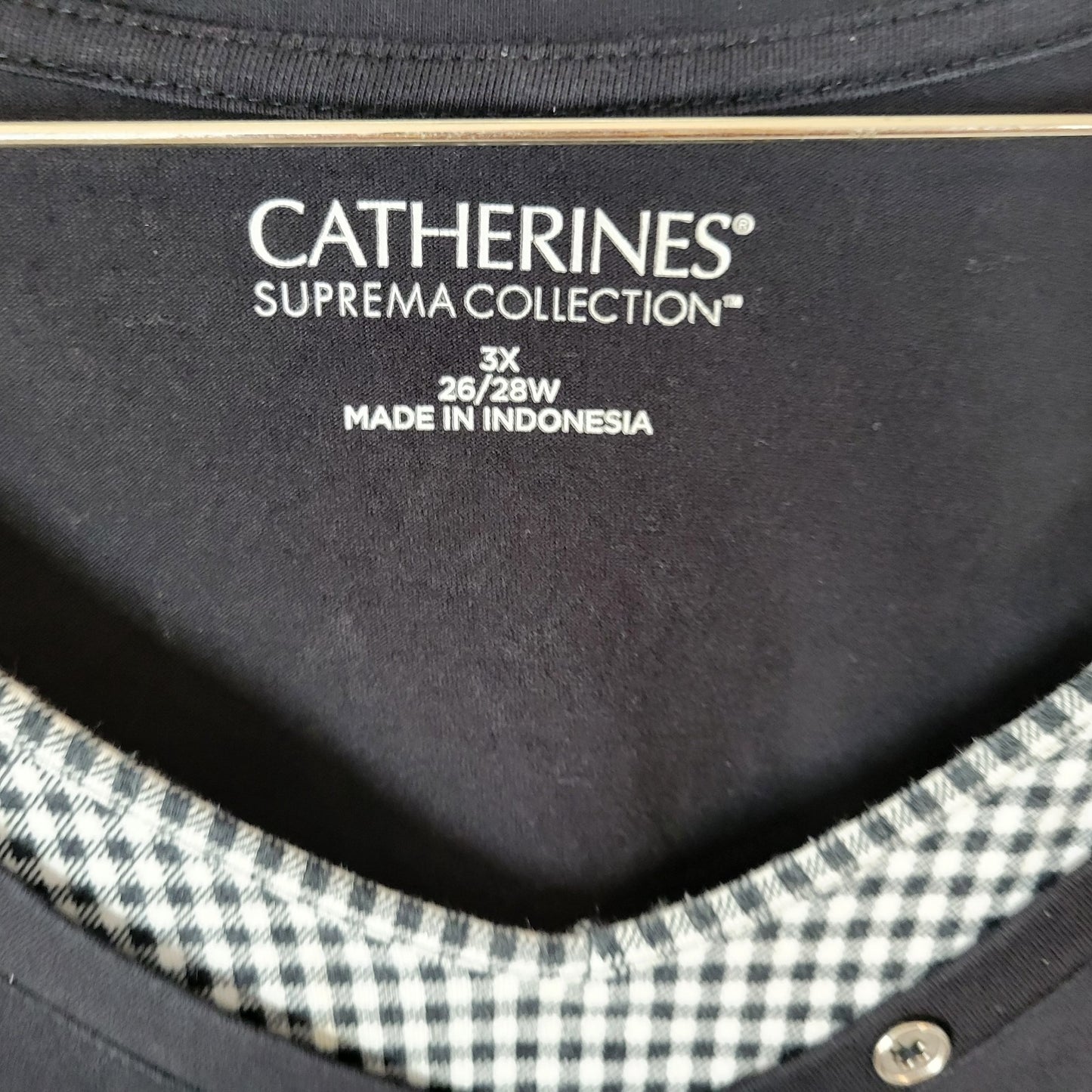 Catherines Suprema Womens Top 3X Plus Tunic Short Sleeves Black Deco Buttons