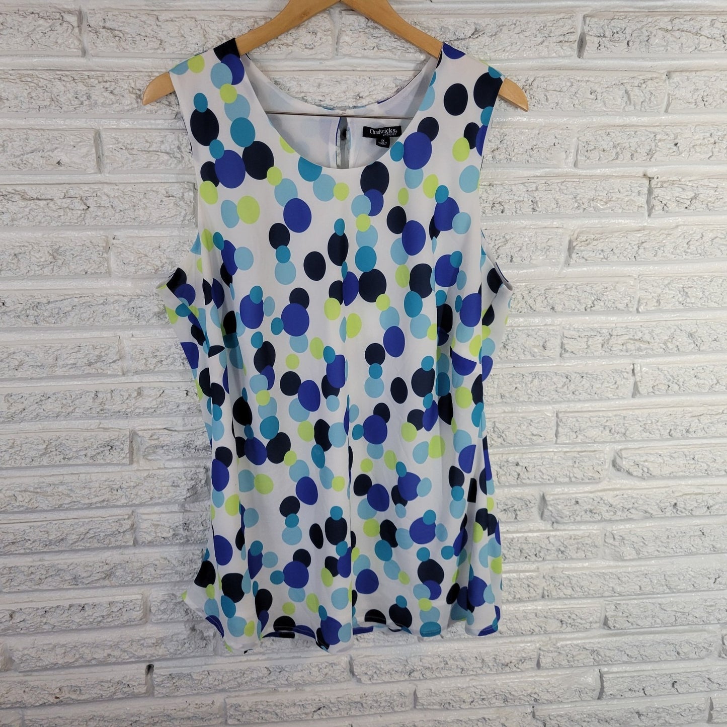 Chadwicks Women Top 1X Plus Tank Blue Green Polka Dots Lined Back Keyhole Office