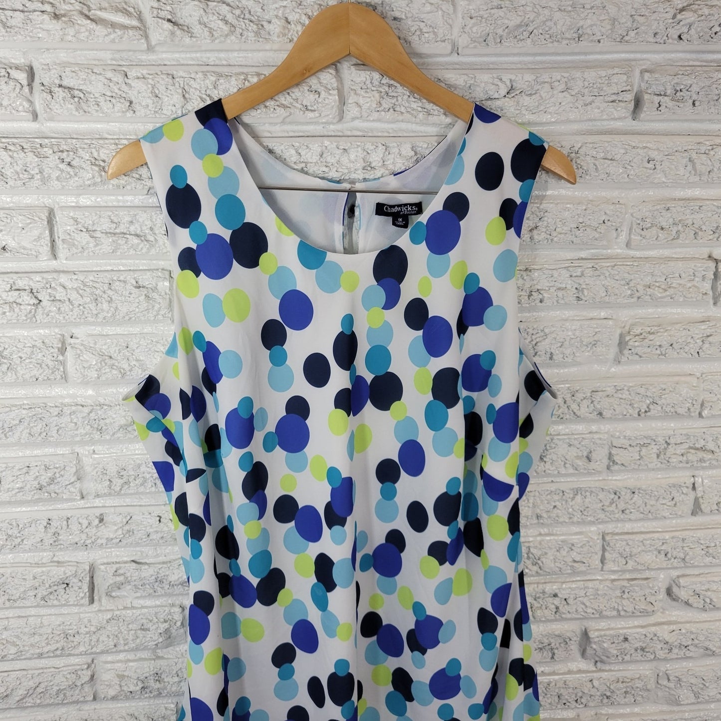 Chadwicks Women Top 1X Plus Tank Blue Green Polka Dots Lined Back Keyhole Office