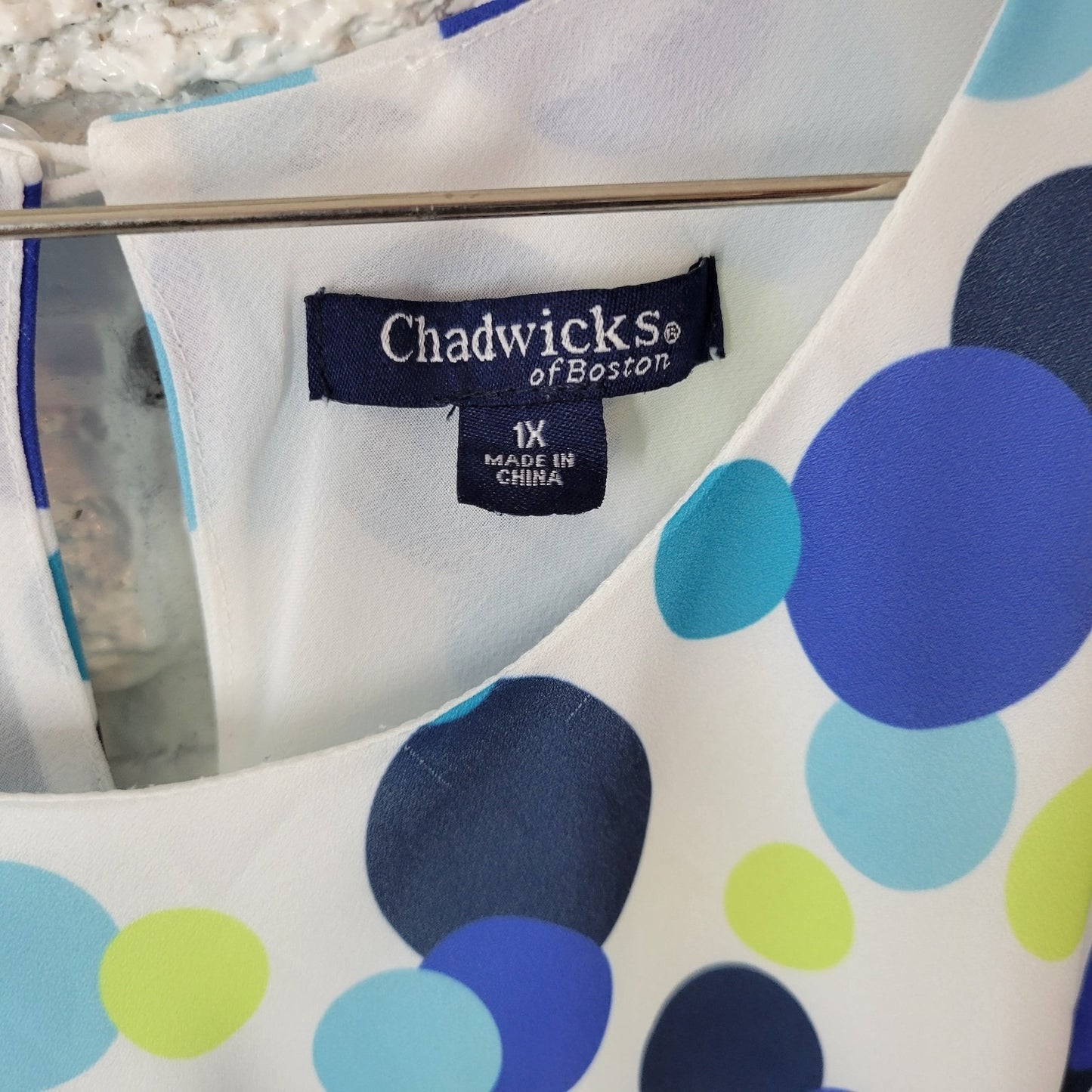 Chadwicks Women Top 1X Plus Tank Blue Green Polka Dots Lined Back Keyhole Office