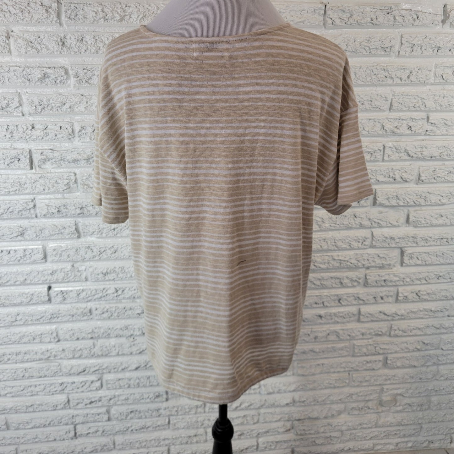 Liz Claiborne Womens Top Extra Large XL Knit Short Sleeve Tied Hem Beige Stripe