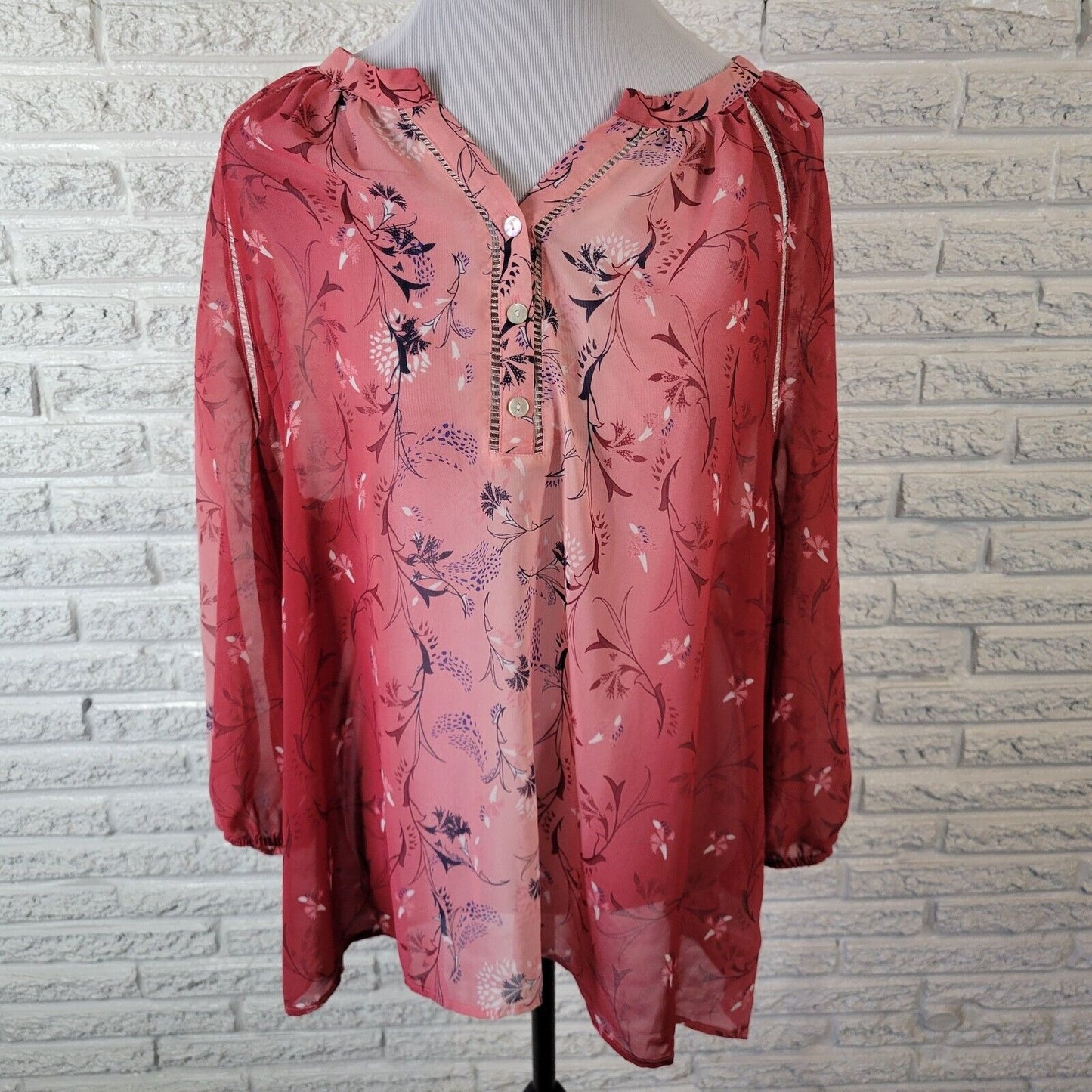 Style Co Womens Top Extra Large Long Sleeve Red Pink Floral Crochet Trim Sheer