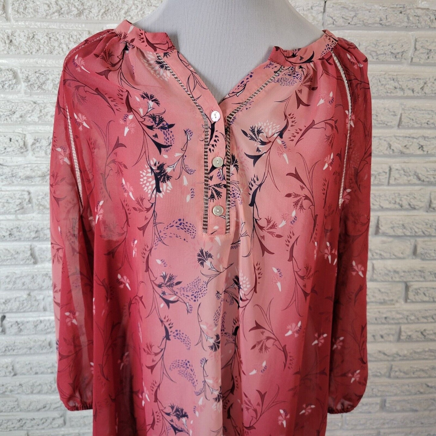 Style Co Womens Top Extra Large Long Sleeve Red Pink Floral Crochet Trim Sheer