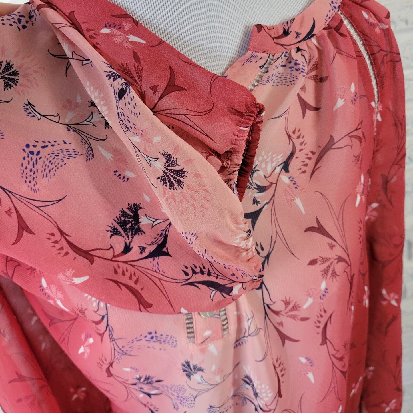 Style Co Womens Top Extra Large Long Sleeve Red Pink Floral Crochet Trim Sheer