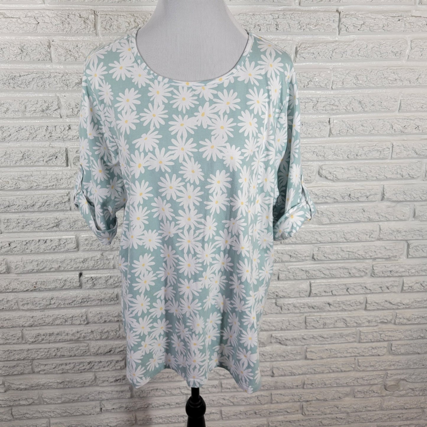 Denim Co Women Top 2X Plus Tee Short Sleeve Blue Daisies Cotton Blend Knit Comfy