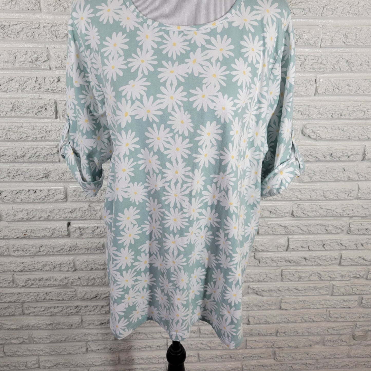 Denim Co Women Top 2X Plus Tee Short Sleeve Blue Daisies Cotton Blend Knit Comfy