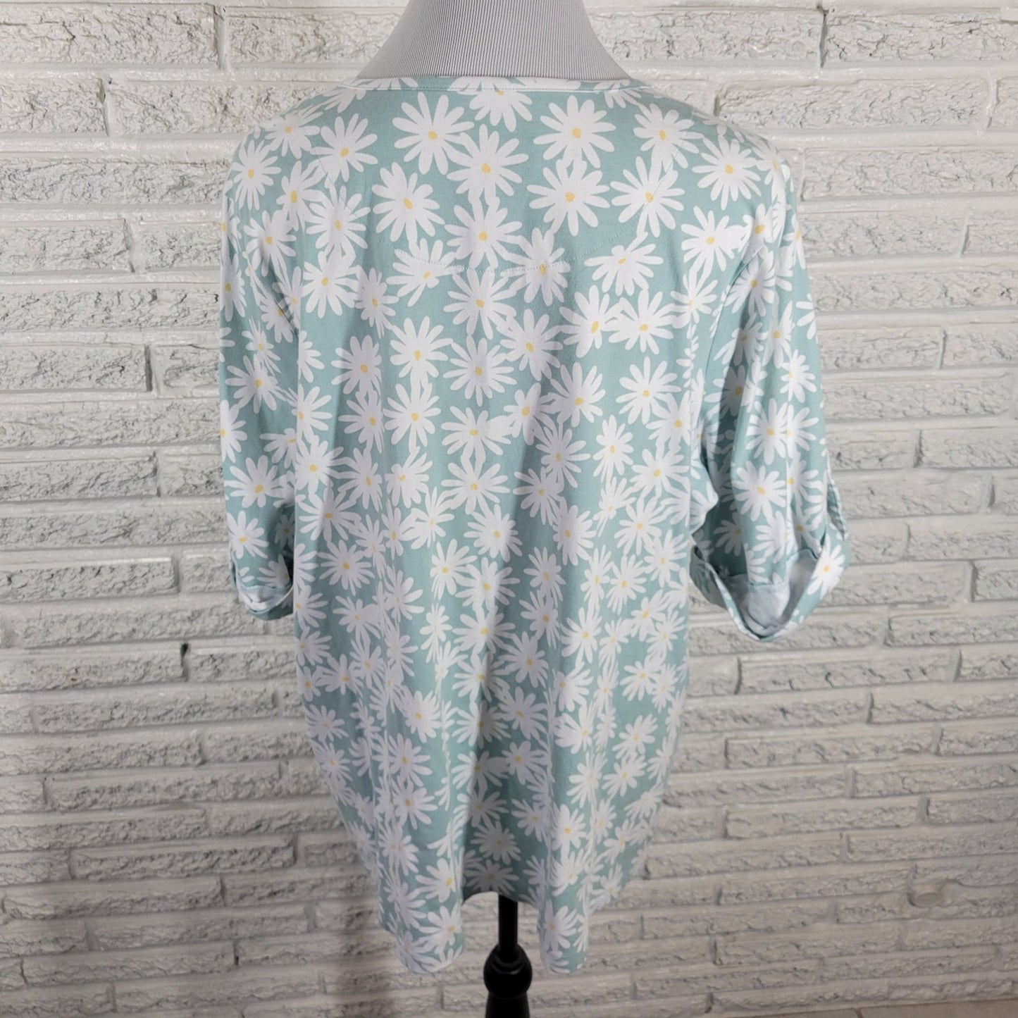 Denim Co Women Top 2X Plus Tee Short Sleeve Blue Daisies Cotton Blend Knit Comfy