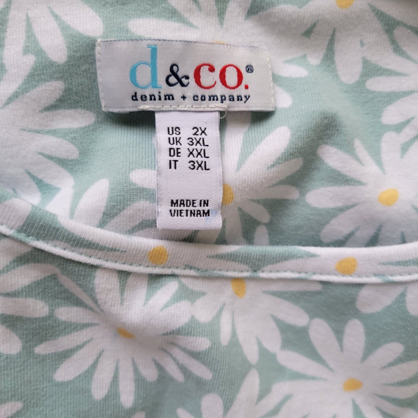 Denim Co Women Top 2X Plus Tee Short Sleeve Blue Daisies Cotton Blend Knit Comfy