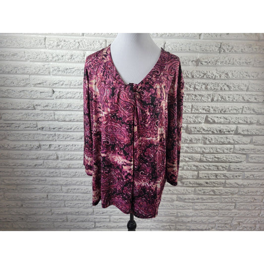 Studio Salon Womens Top 3X Plus 3/4 Sleeve Purple Paisley Poly Blend Career