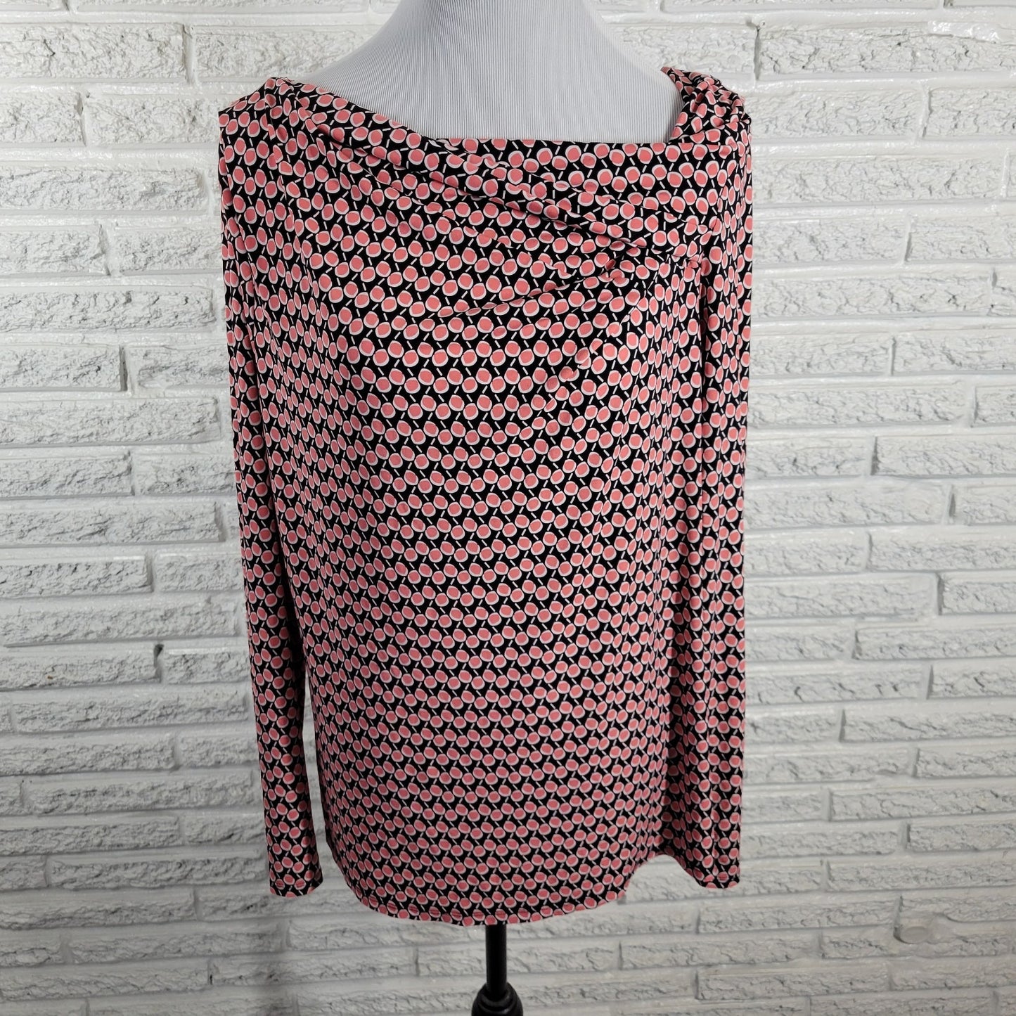 Liz Claiborne Womens XL Blouse Top Black Pink Geometric Draped Boat Neck Stretch