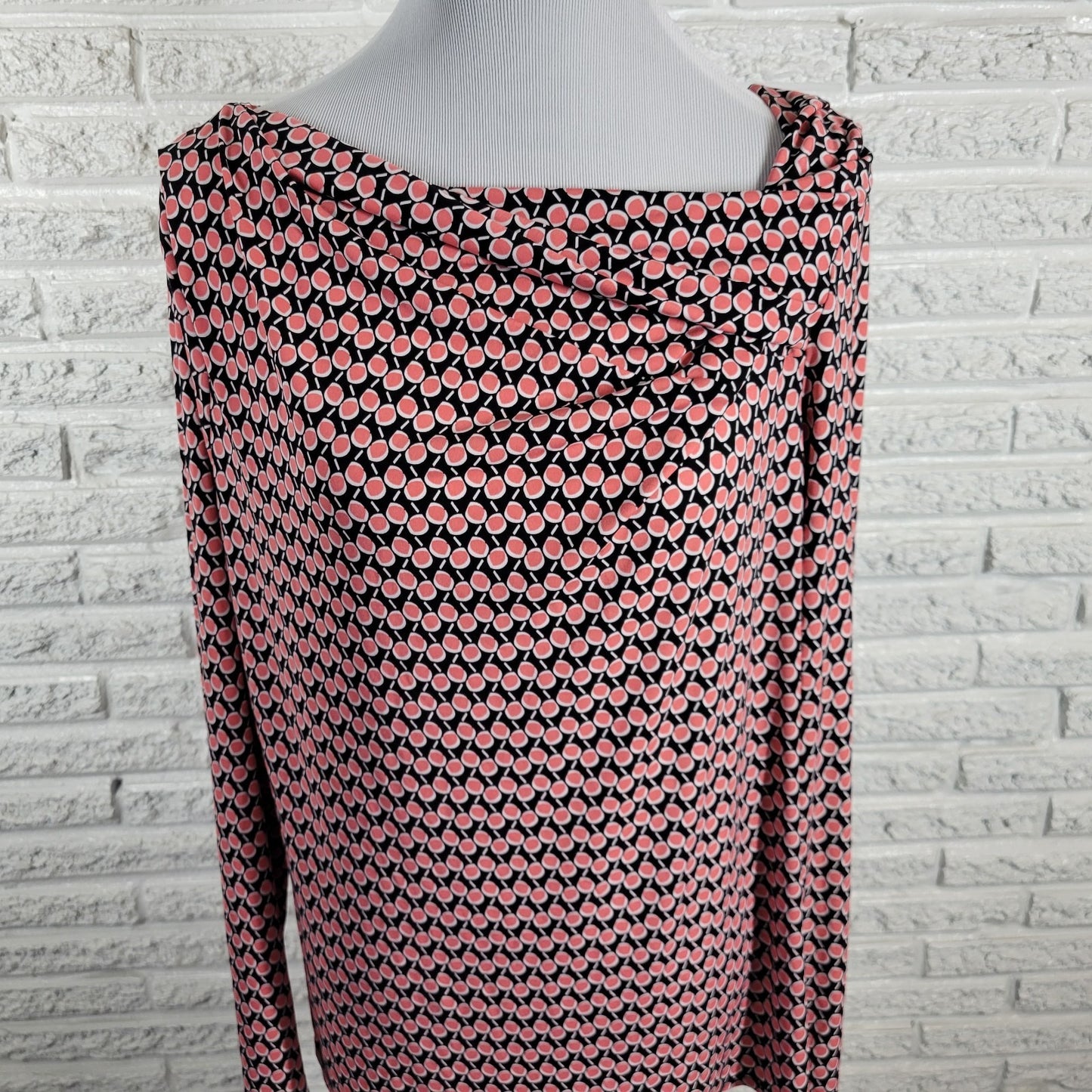 Liz Claiborne Womens XL Blouse Top Black Pink Geometric Draped Boat Neck Stretch