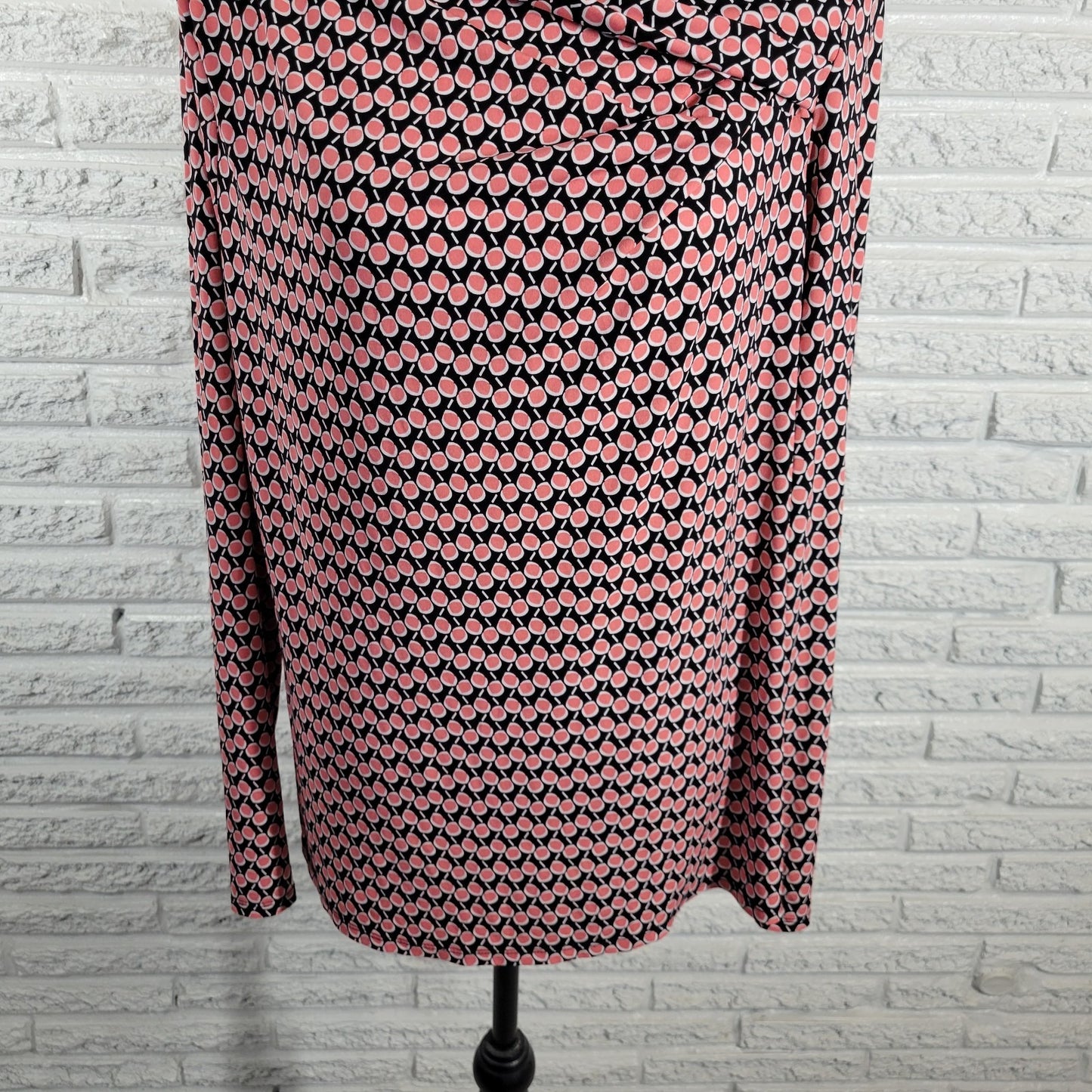 Liz Claiborne Womens XL Blouse Top Black Pink Geometric Draped Boat Neck Stretch