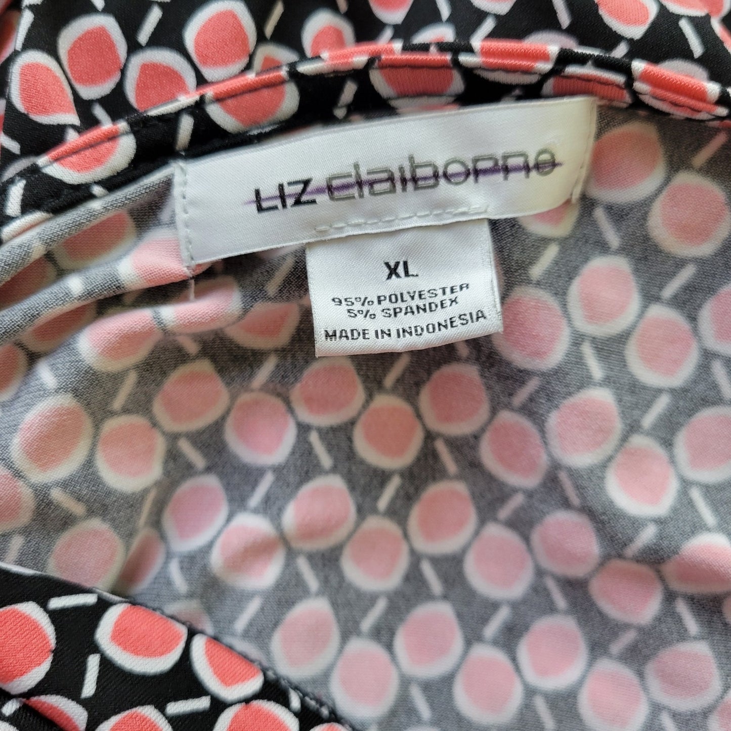 Liz Claiborne Womens XL Blouse Top Black Pink Geometric Draped Boat Neck Stretch