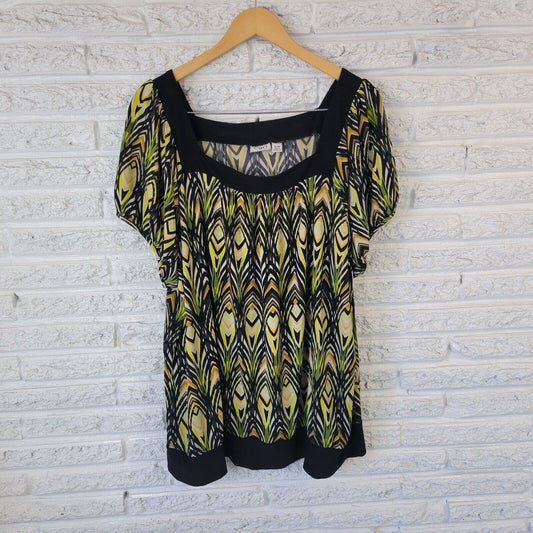 Cato Womens Top 26W 28W Plus Short Sleeve Green Black Geometric Comfy Office