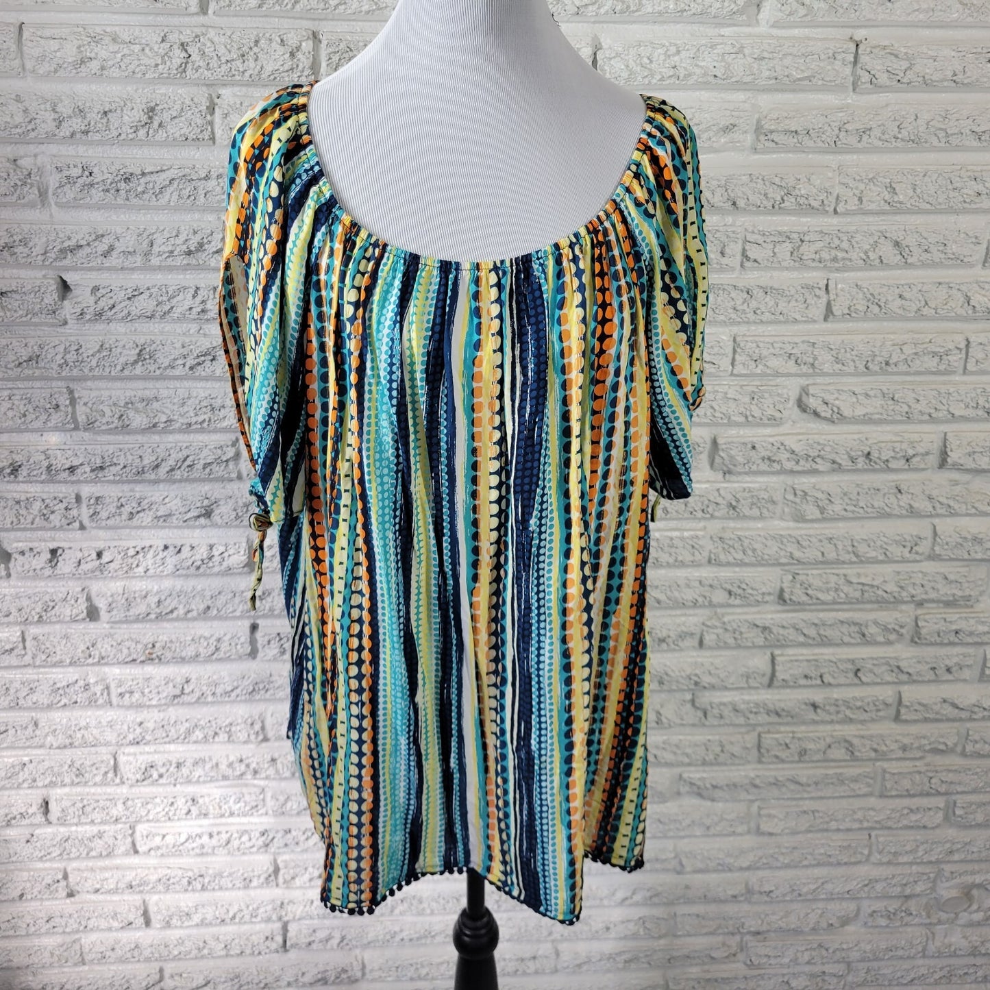 Cato Women's 18W/20W Blue Geometric Off Shoulder Short Sleeve Blouse Top Ric Rac