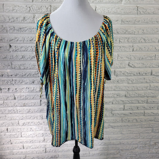 Cato Women's 18W/20W Blue Geometric Off Shoulder Short Sleeve Blouse Top Ric Rac