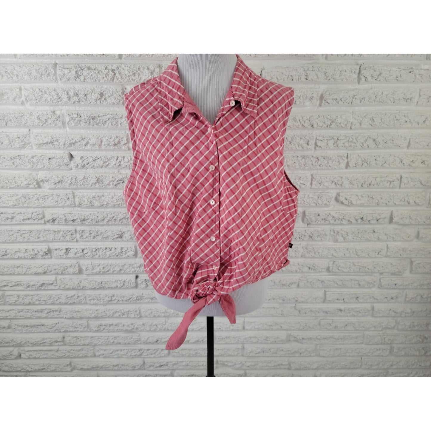 Faded Glory Womens Shirt 22W 24W Button Up Collar Red Plaid Tied Front Casual