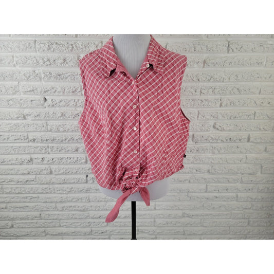 Faded Glory Womens Shirt 22W 24W Button Up Collar Red Plaid Tied Front Casual