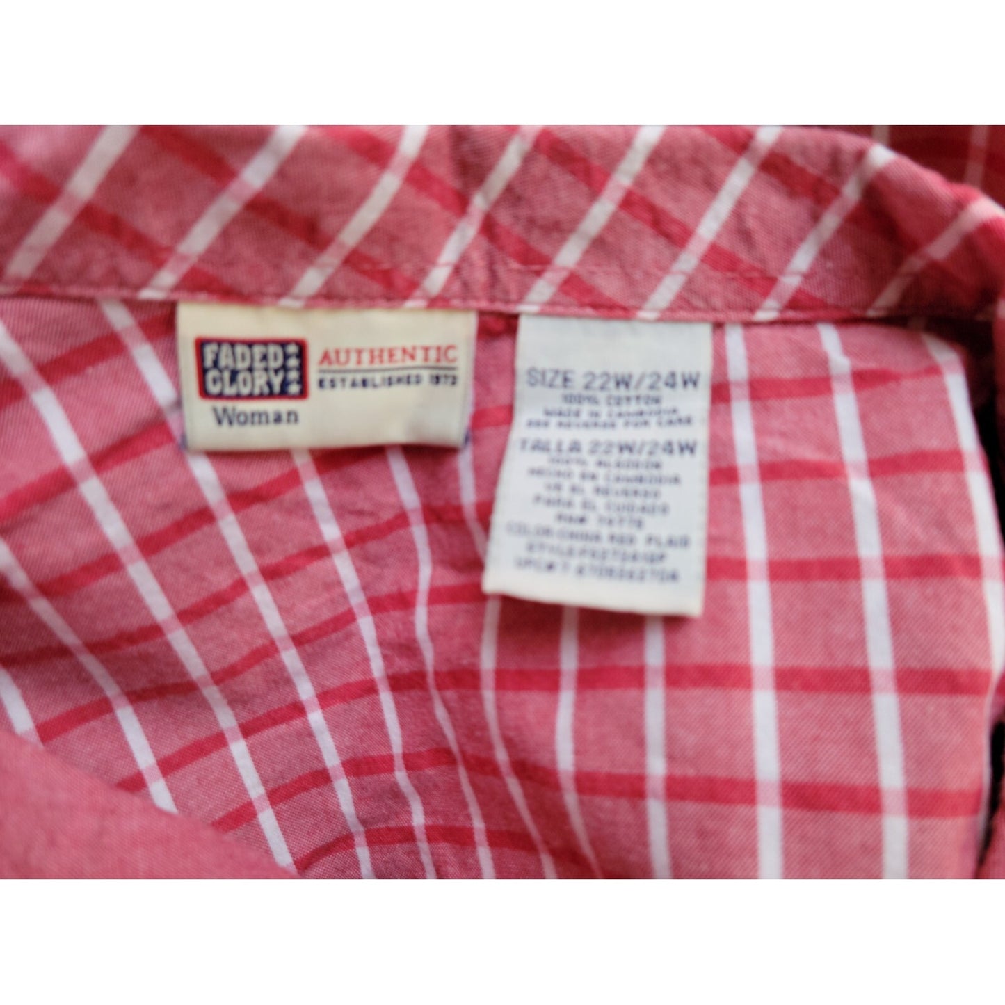 Faded Glory Womens Shirt 22W 24W Button Up Collar Red Plaid Tied Front Casual