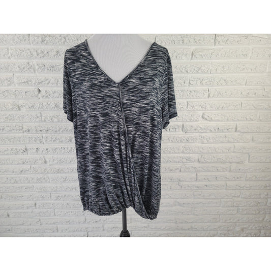 Apt 9 Womens Top 1X Plus Short Sleeve Faux Wrap Black Heather Knit Stretchy