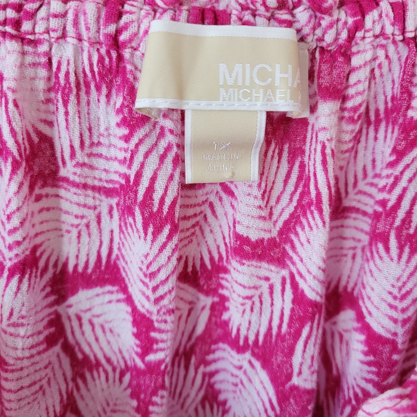Michael Kors 1X Plus Pink White Leaf Peplum Blouse 100% Cotton Boat Neck Frilly