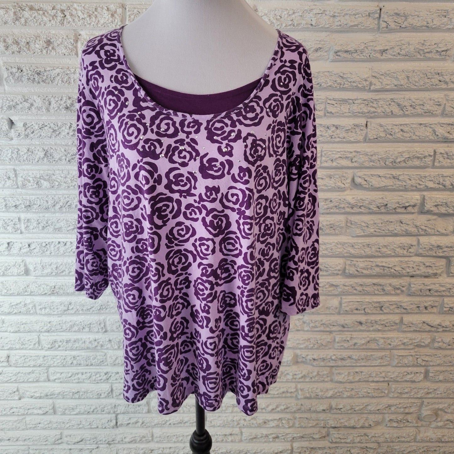 White Stag Womens Top 2X Plus 3/4 Sleeve Purple Floral Studded Comfy Casual