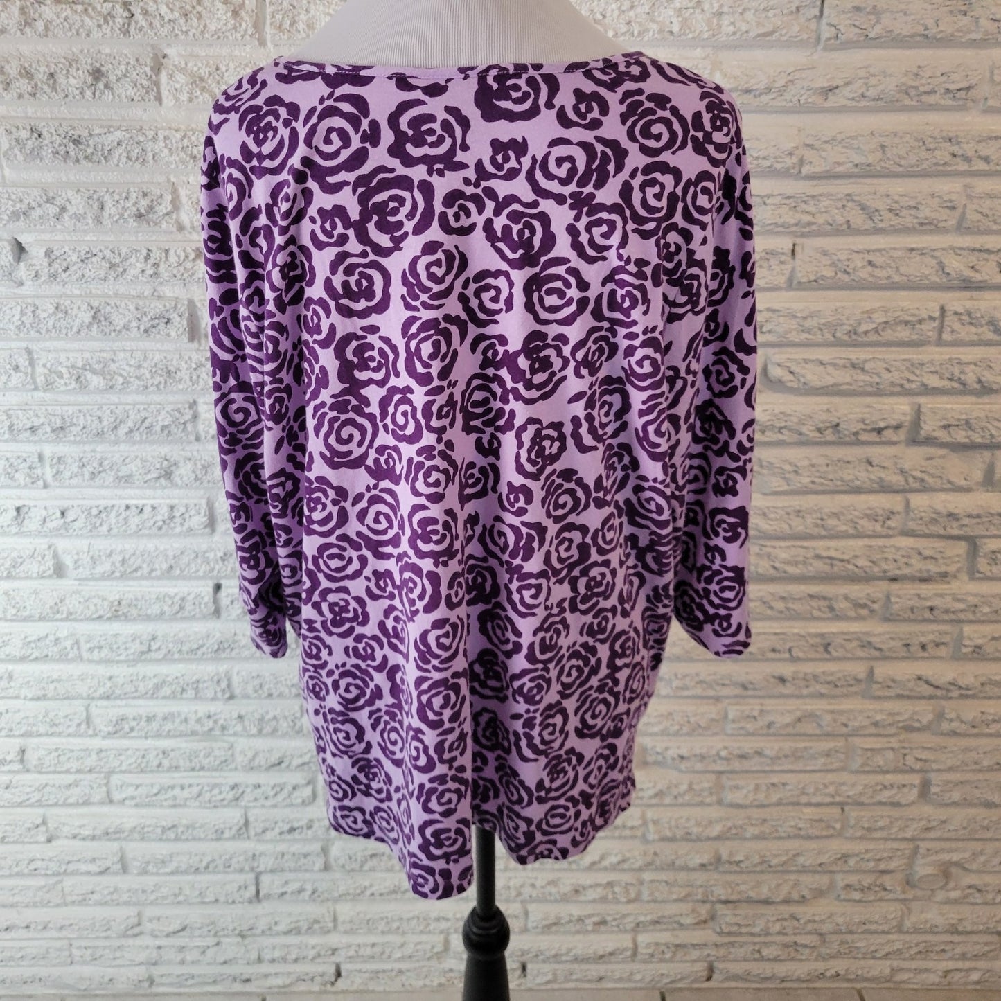 White Stag Womens Top 2X Plus 3/4 Sleeve Purple Floral Studded Comfy Casual