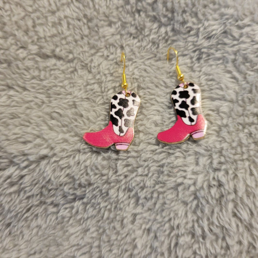 Cowgirl Boot Pink White Cow Print Earrings Gold Tone Western Rodeo Dangle Drop
