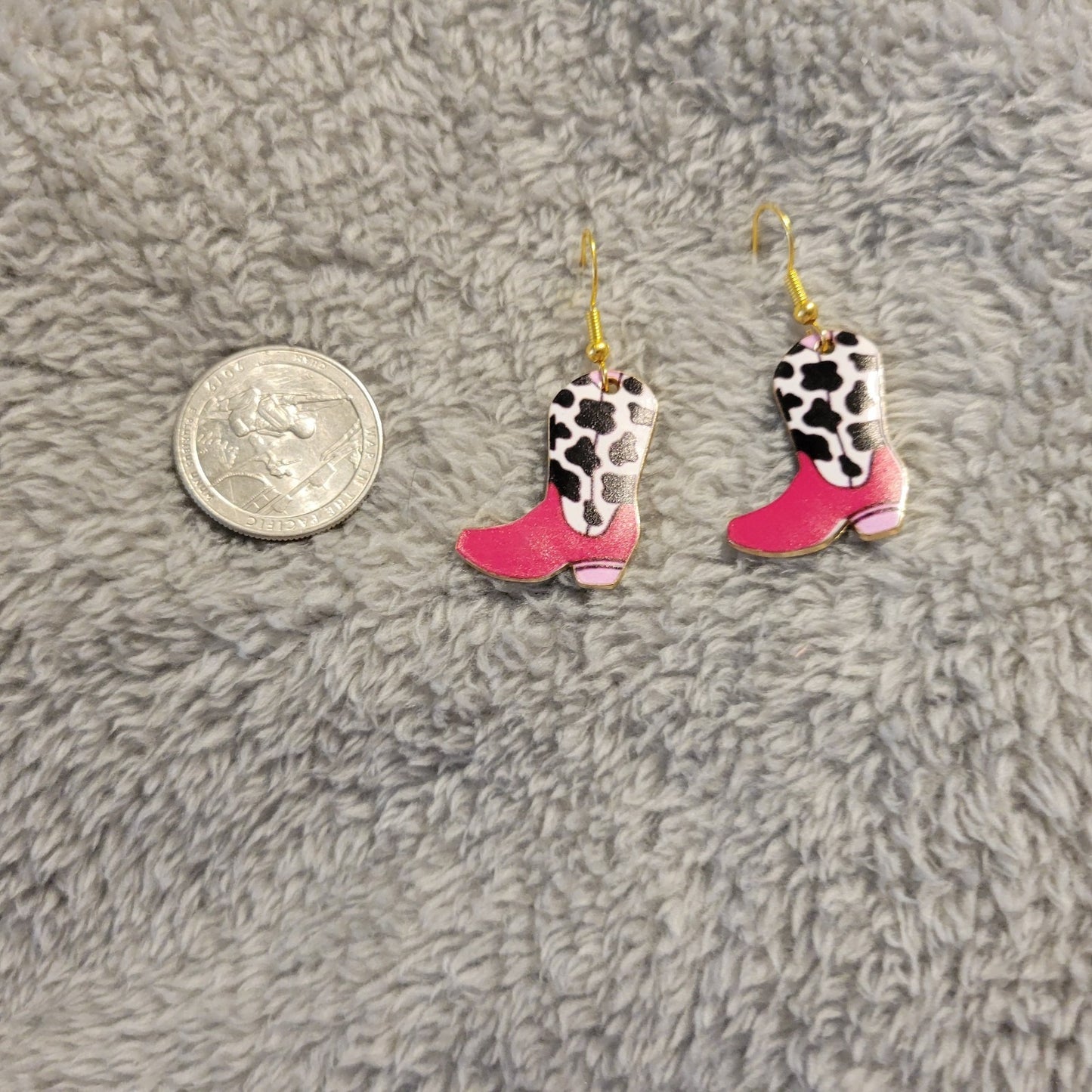 Cowgirl Boot Pink White Cow Print Earrings Gold Tone Western Rodeo Dangle Drop