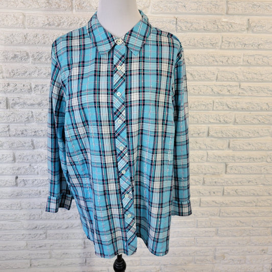 Talbots Womens Top 2X Long Sleeve Metallic Thread Blue Pink Plaid Lightweight