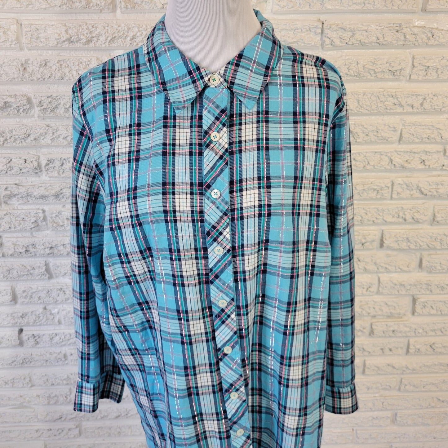 Talbots Womens Top 2X Long Sleeve Metallic Thread Blue Pink Plaid Lightweight