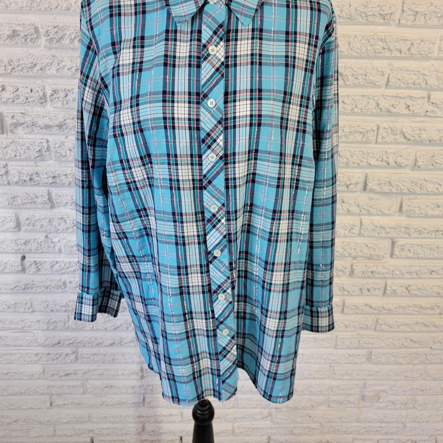 Talbots Womens Top 2X Long Sleeve Metallic Thread Blue Pink Plaid Lightweight