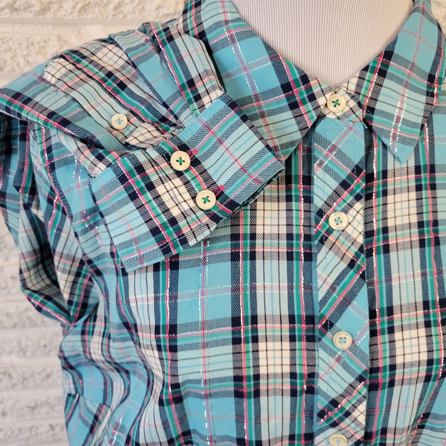 Talbots Womens Top 2X Long Sleeve Metallic Thread Blue Pink Plaid Lightweight