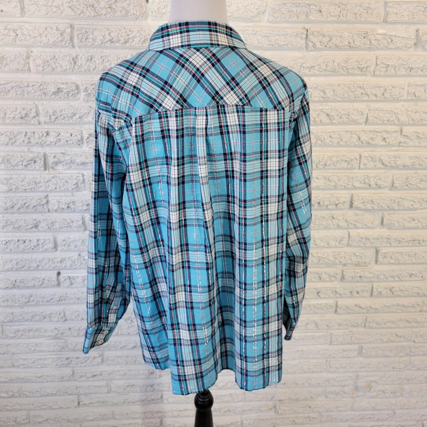 Talbots Womens Top 2X Long Sleeve Metallic Thread Blue Pink Plaid Lightweight