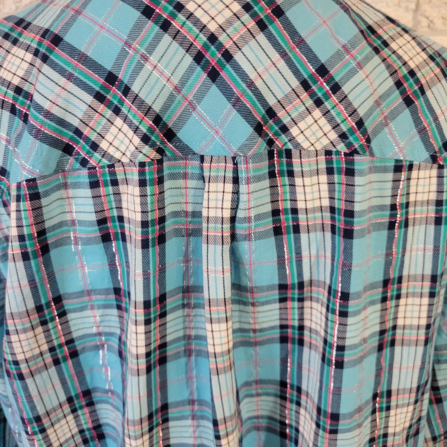 Talbots Womens Top 2X Long Sleeve Metallic Thread Blue Pink Plaid Lightweight