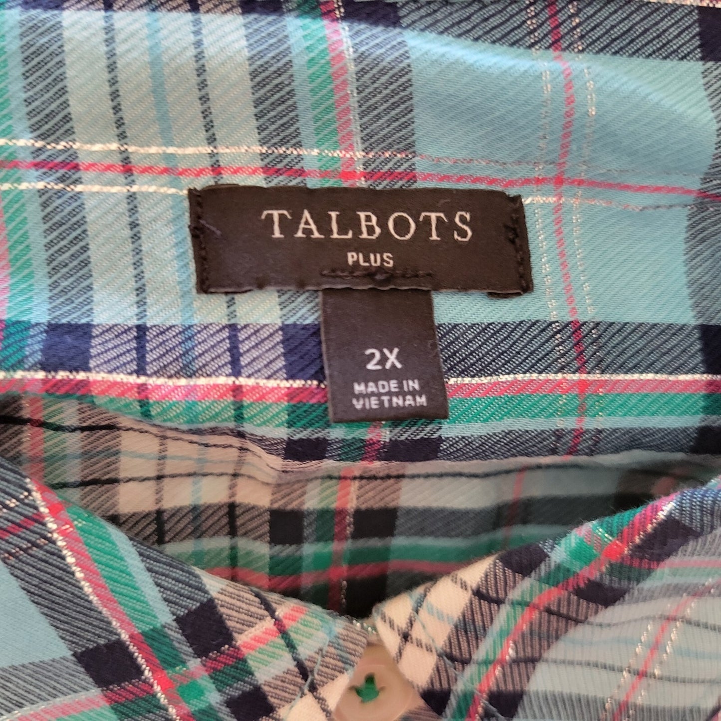 Talbots Womens Top 2X Long Sleeve Metallic Thread Blue Pink Plaid Lightweight
