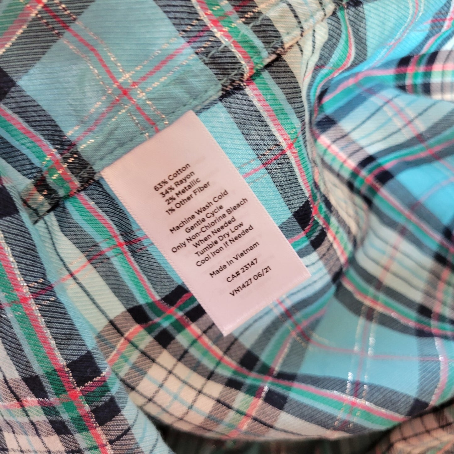 Talbots Womens Top 2X Long Sleeve Metallic Thread Blue Pink Plaid Lightweight