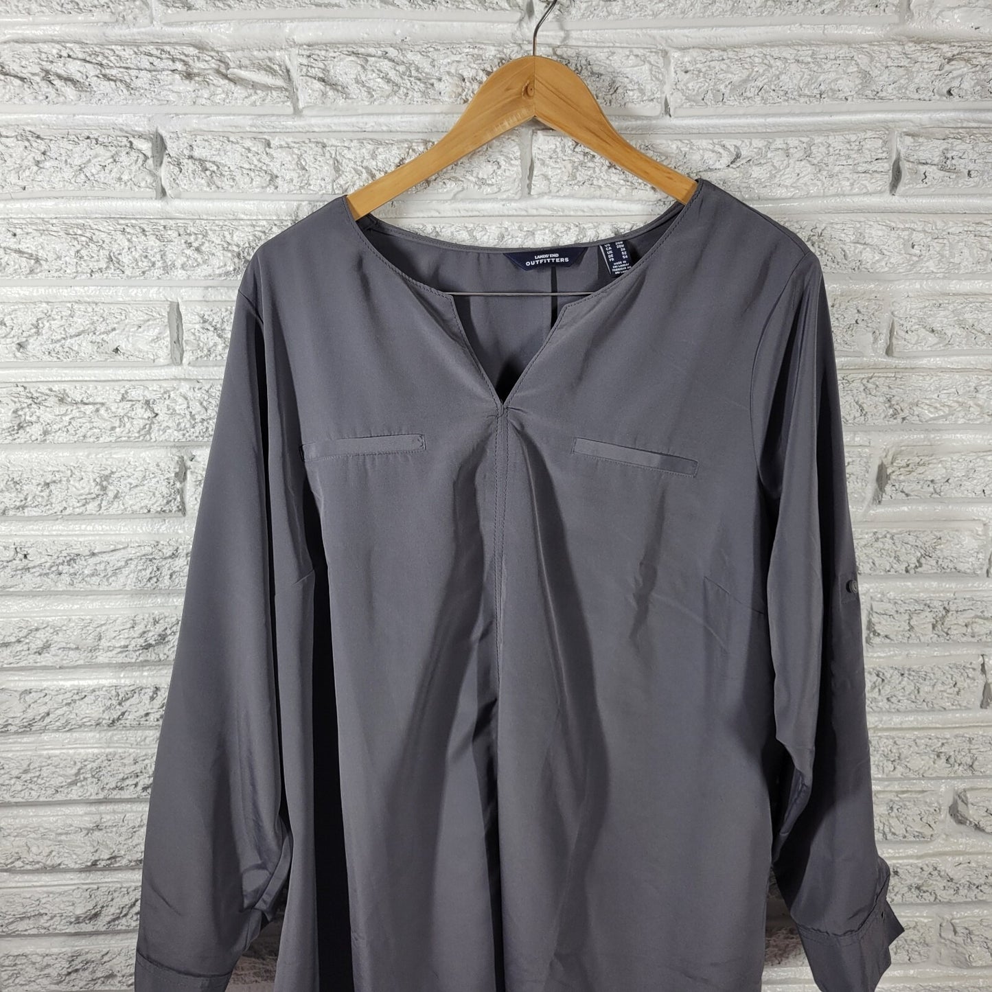 Lands End Outfitters Womens Top 20W Plus Roll Tab Sleeve Gray Lightweight