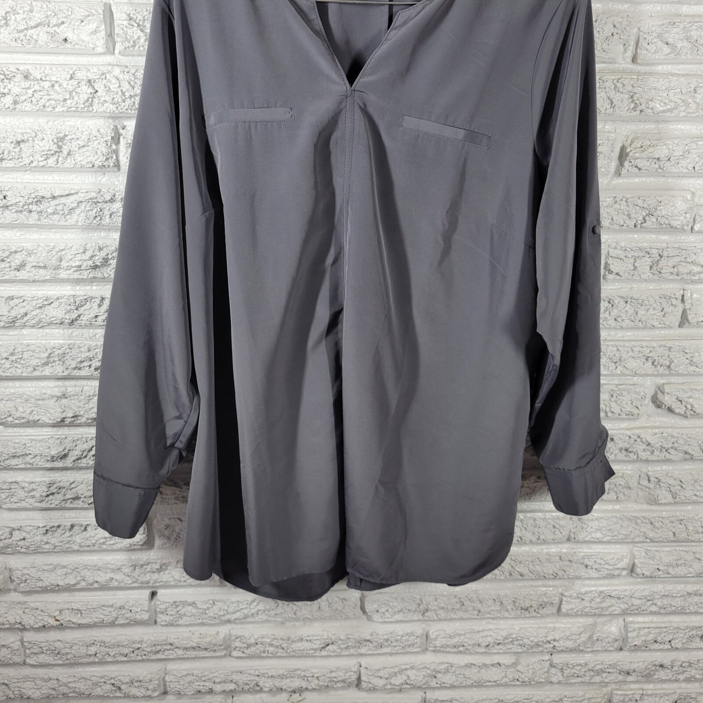 Lands End Outfitters Womens Top 20W Plus Roll Tab Sleeve Gray Lightweight