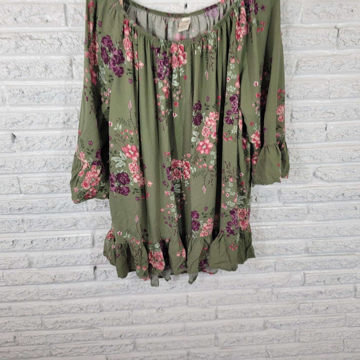 Terra Sky Women Top 2X Plus Tunic Bell Sleeve Rayon On Off Shoulder Ruffle Green