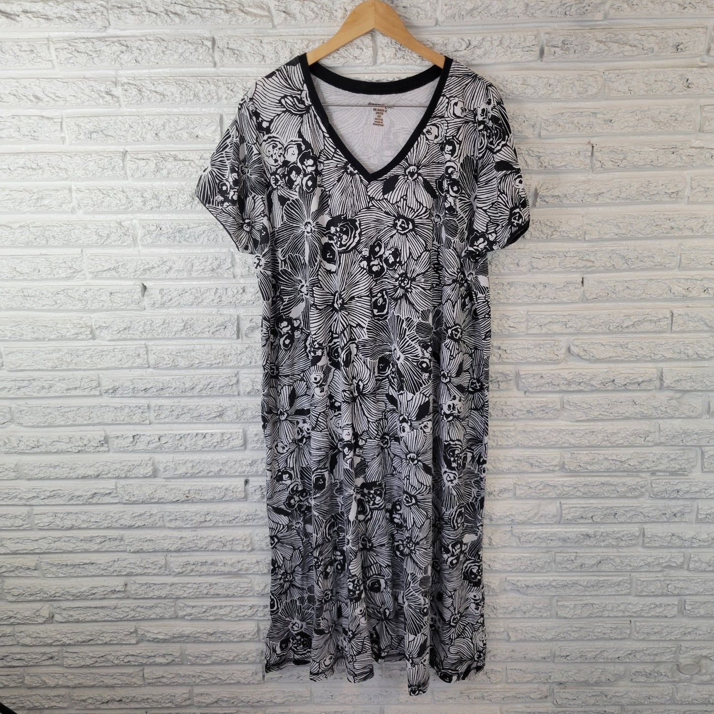 Dreams Co Womens Dress 2X Petite Plus Midi Black Floral Cotton Blend Loungewear