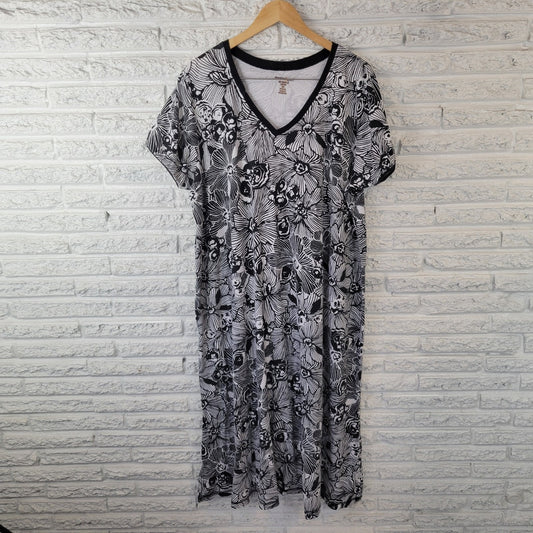 Dreams Co Womens Dress 2X Petite Plus Midi Black Floral Cotton Blend Loungewear