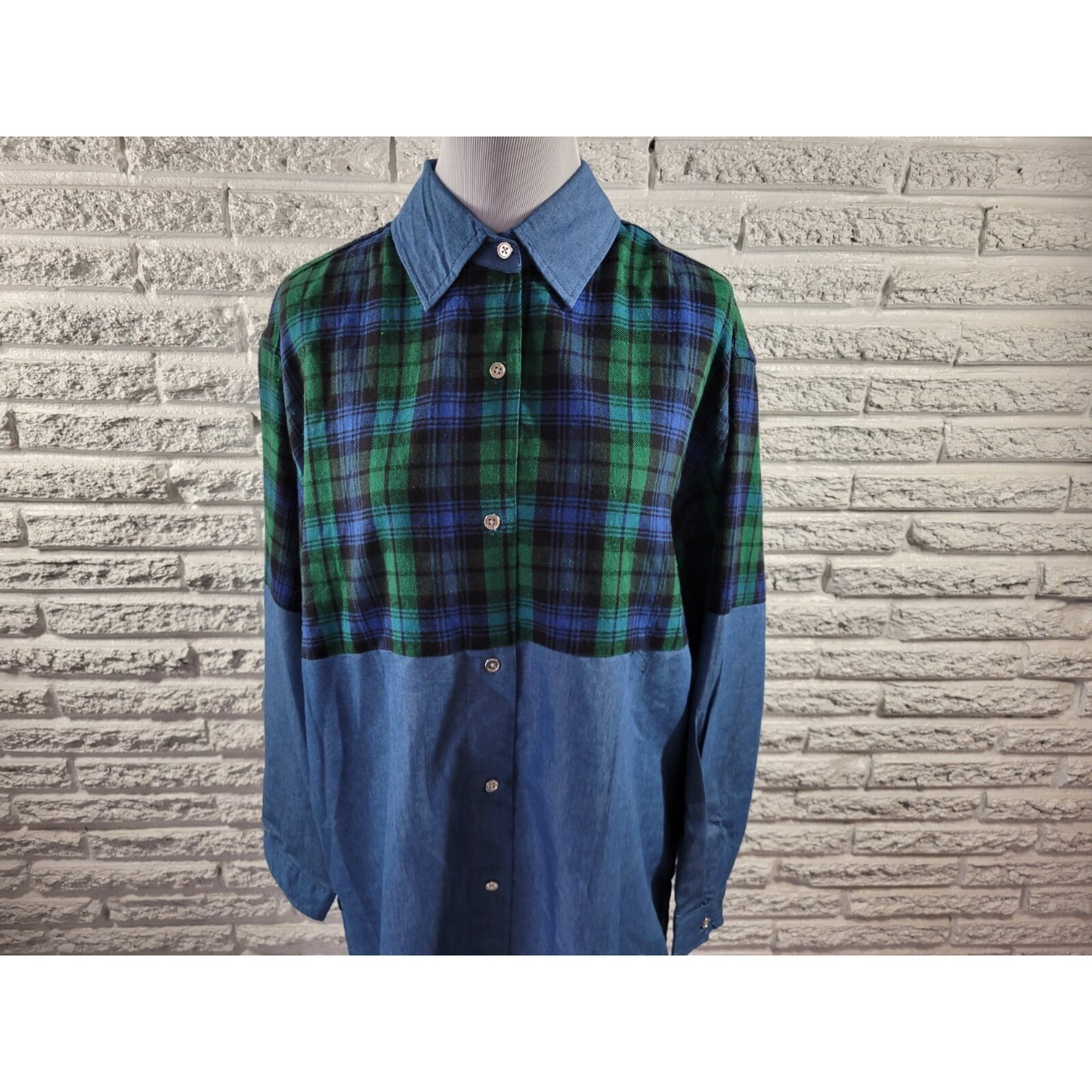 Miss Lili Womens Top 2X Plus Long Sleeve BlueGreen Plaid Cotton Blend Collar