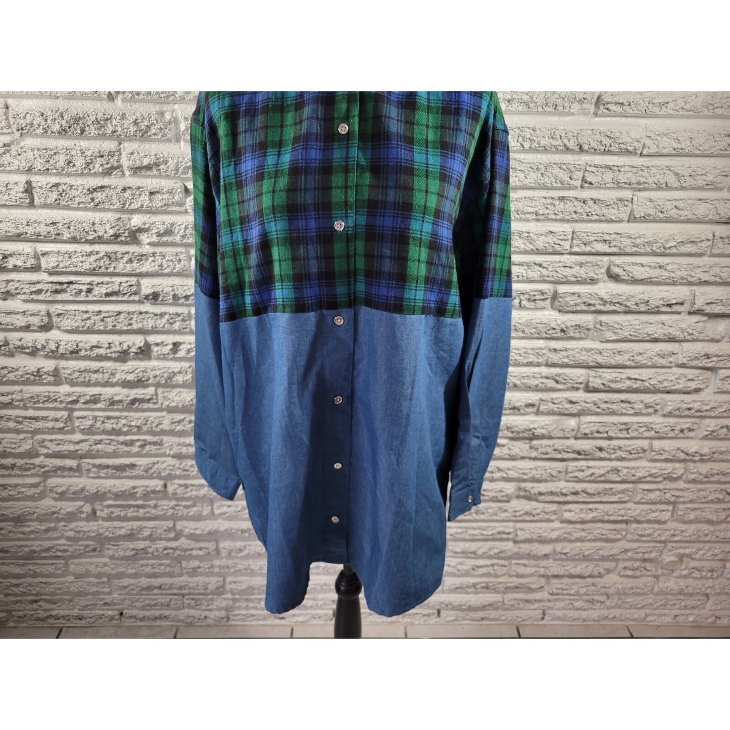 Miss Lili Womens Top 2X Plus Long Sleeve BlueGreen Plaid Cotton Blend Collar