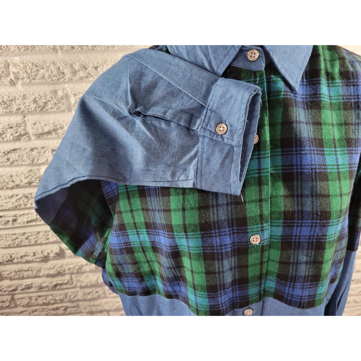 Miss Lili Womens Top 2X Plus Long Sleeve BlueGreen Plaid Cotton Blend Collar